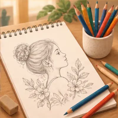 Carnet de dessin, portrait au crayon et crayons de couleur